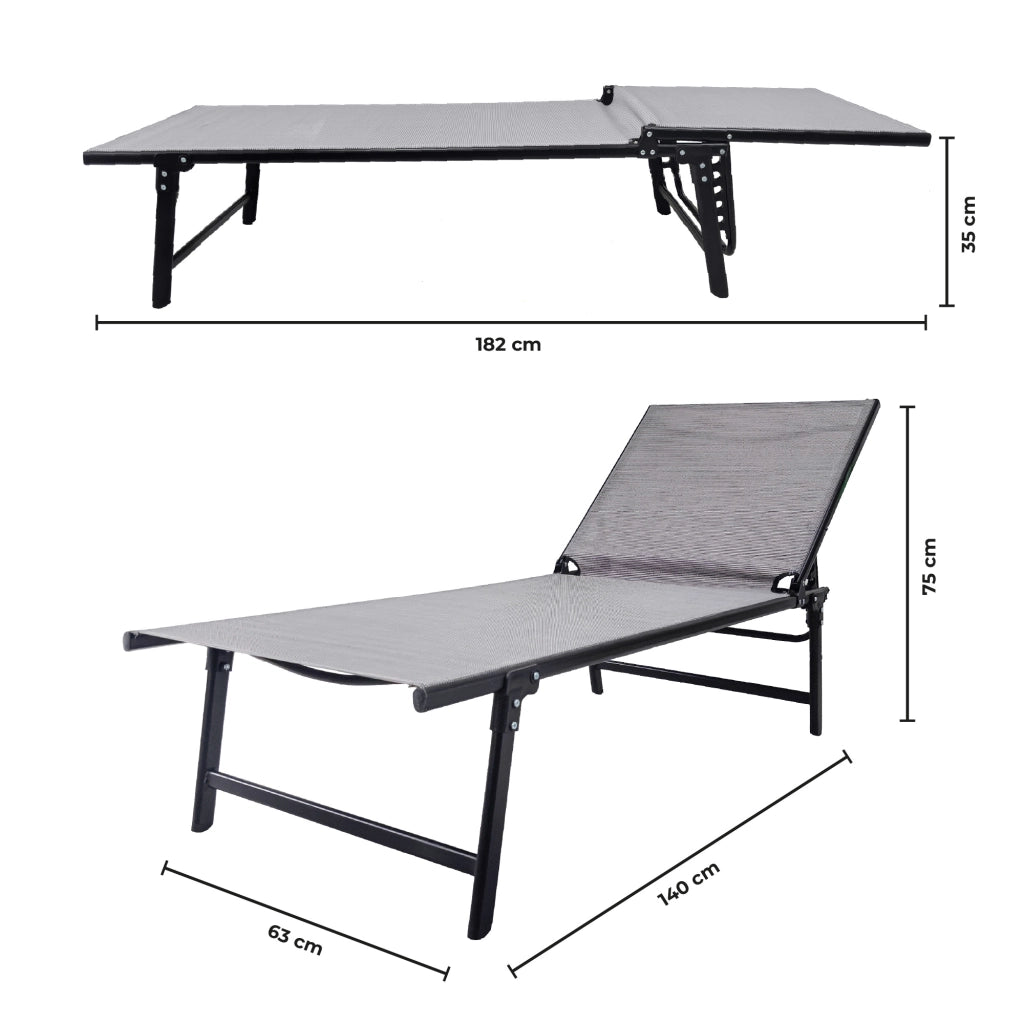 Lettino Prendisole Pieghevole Professionale in Acciaio e Textilene 182x63 cm – Schienale Regolabile 5 Posizioni, Struttura Robusta, Ideale per Giardino, Piscina e Relax Grigio