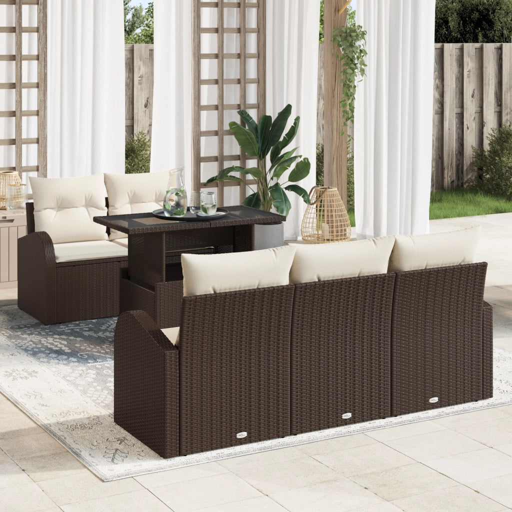 Set da divano da giardino 6 pezzi con cuscini Marrone Polyrattan