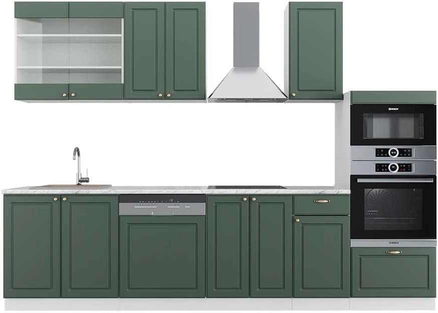 Cucina componibile Fame-Line, Verde-oro Country House/Antracite, 300 cm con armadio alto, PL Rovere, espandibile con moduli aggiuntivi e disposizione variabile