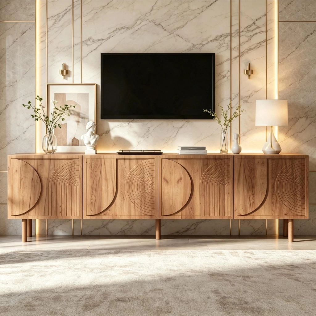 Mobile porta TV con 4 ante e 2 vani, passacavi, rilievo 3D, per soggiorno, in legno, naturale, 180 × 38 × 56,5 cm