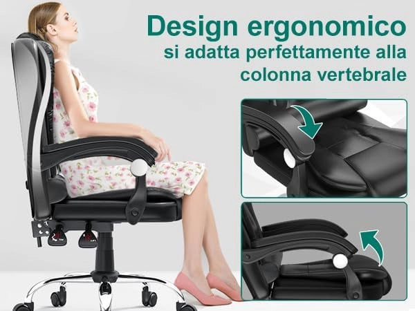 FENIXSHOP24 Poltrona/Sedia Ufficio Ergonomica Presidenziale Reclinabile e Direzionabile con Braccioli Imbottiti e Altezza Regolabile,con rotelle – Nera HLD-809