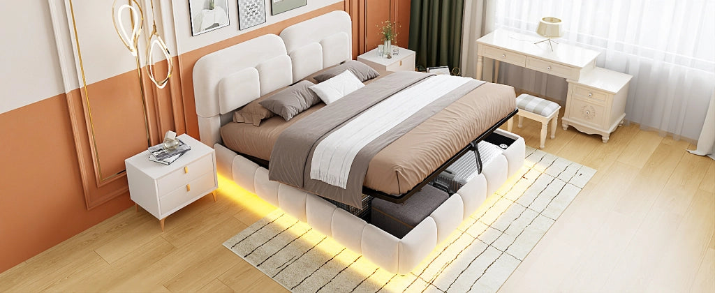 DESMIU Letto con contenitore 140 × 200 cm 2 posti con LED, contenitore idraulico e senza materasso, in velluto, beige