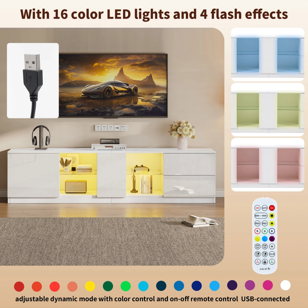 Mobile TV con 2 cassetti e 1 anta; LED USB - per soggiorno - 160x40x52 cm - in MDF - bianco