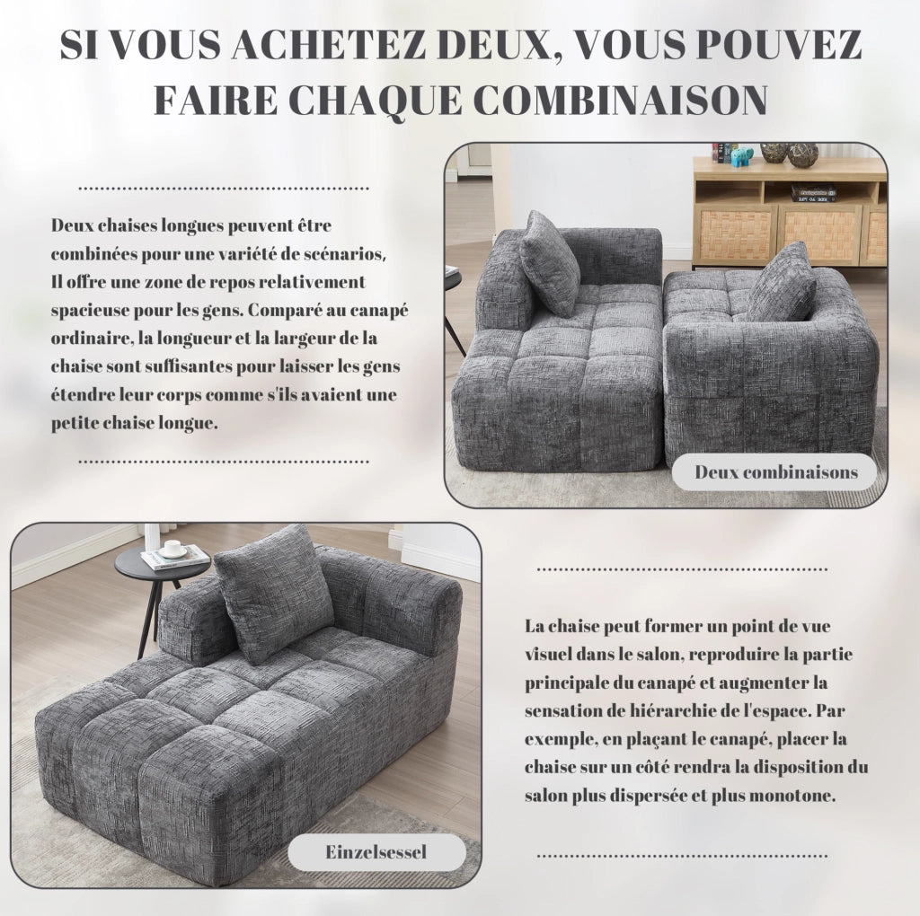Divano Chaise Lounge in Chenille Grigio con Tasche Laterali e Cuscino, 158x90x60 cm
