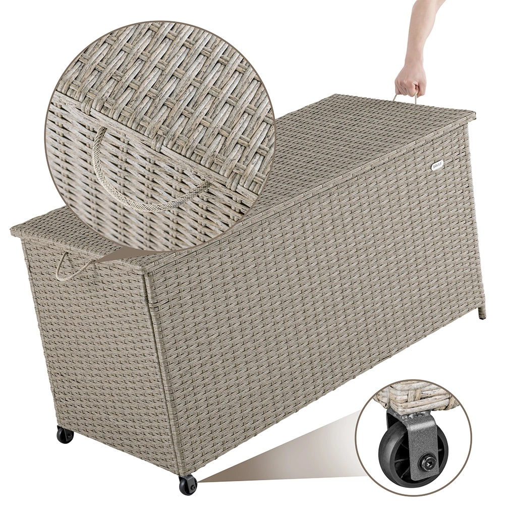 Baule Portaoggetti da Giardino Cassapanca Polyrattan Impermeabile 2 Ruote Crema