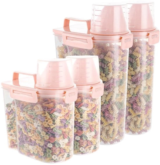 Set di 4 contenitori per cereali (3L, 1,7L) con misurino, contenitore per cibo per gatti e cani, scatola a tenuta di aria per cereali (rosa)