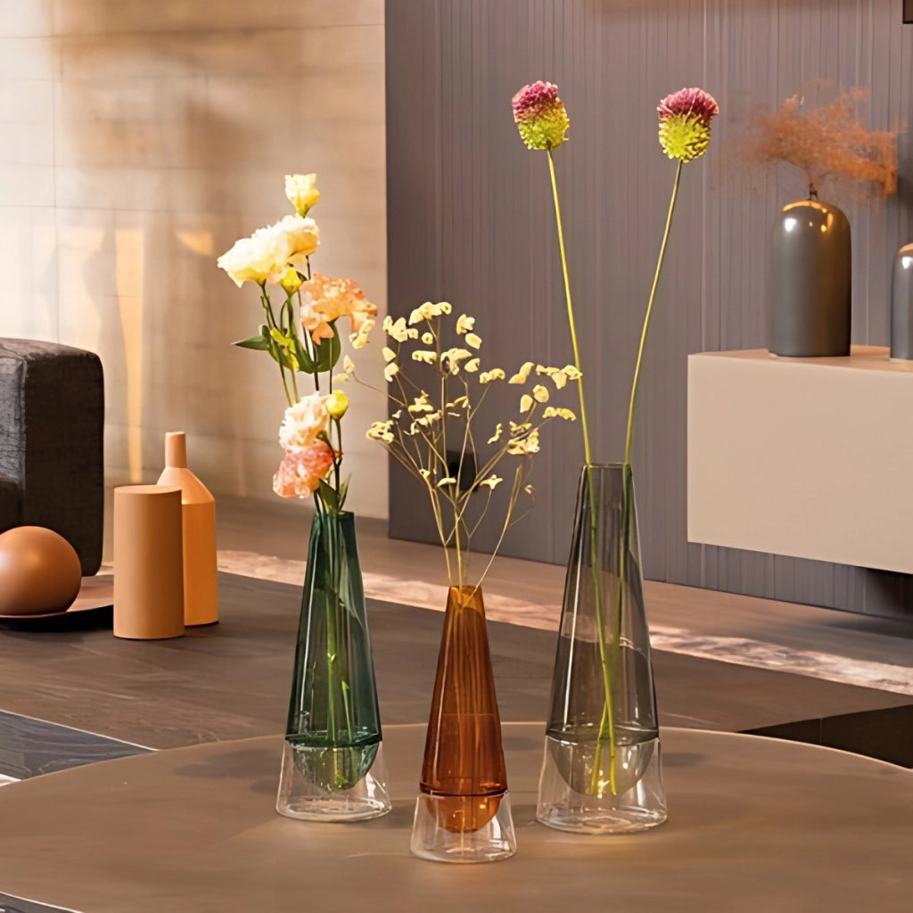 Vaso Conosfera 58 in vetro borosilicato soffiato a mano, design elegante con tecnica incalmo, colore Grigio, complemento d'arredo artistico