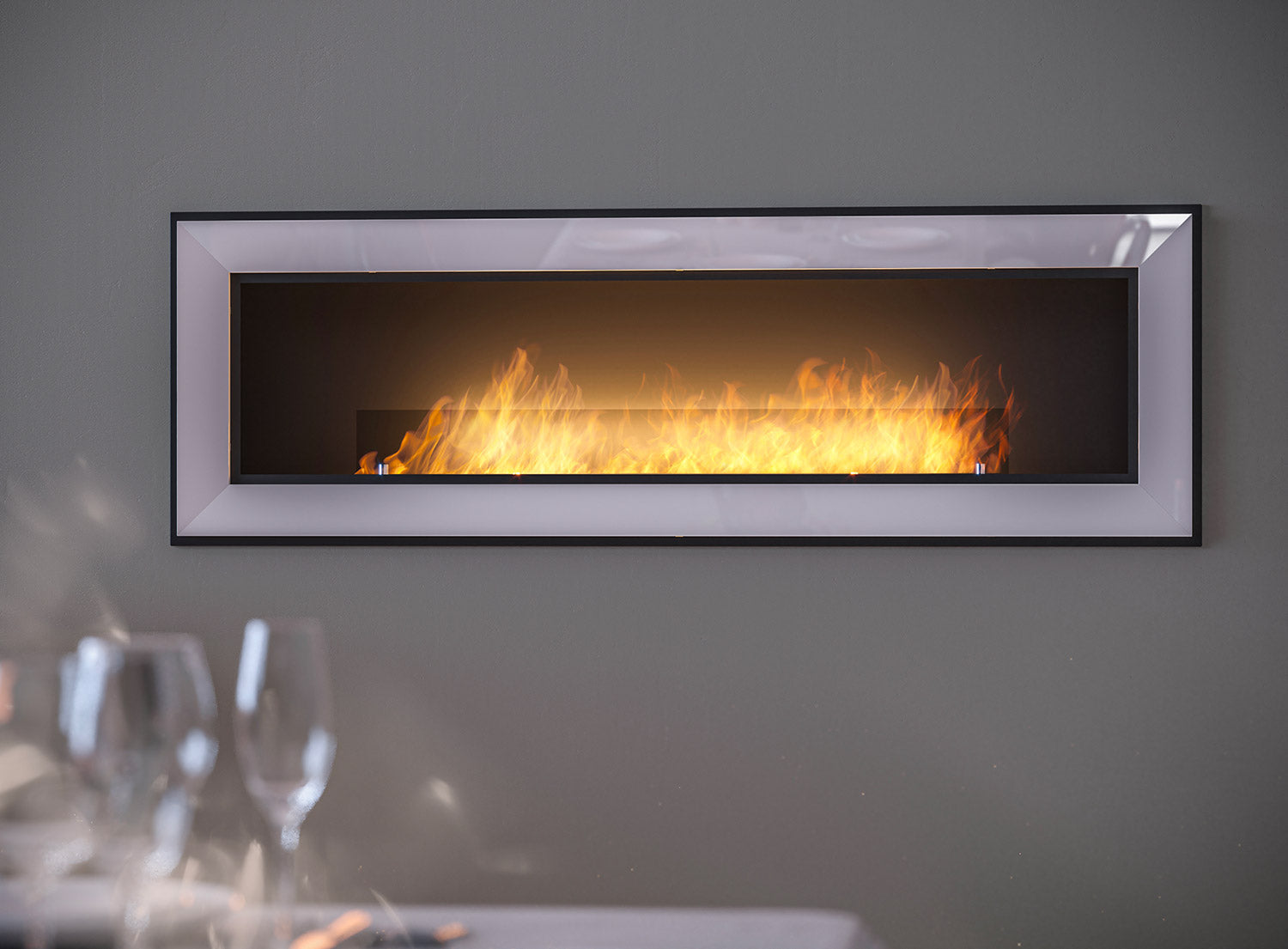 Camino a Bioetanolo da Parete/Incasso 150x49 cm Frame 1500 Bianco con Vetro