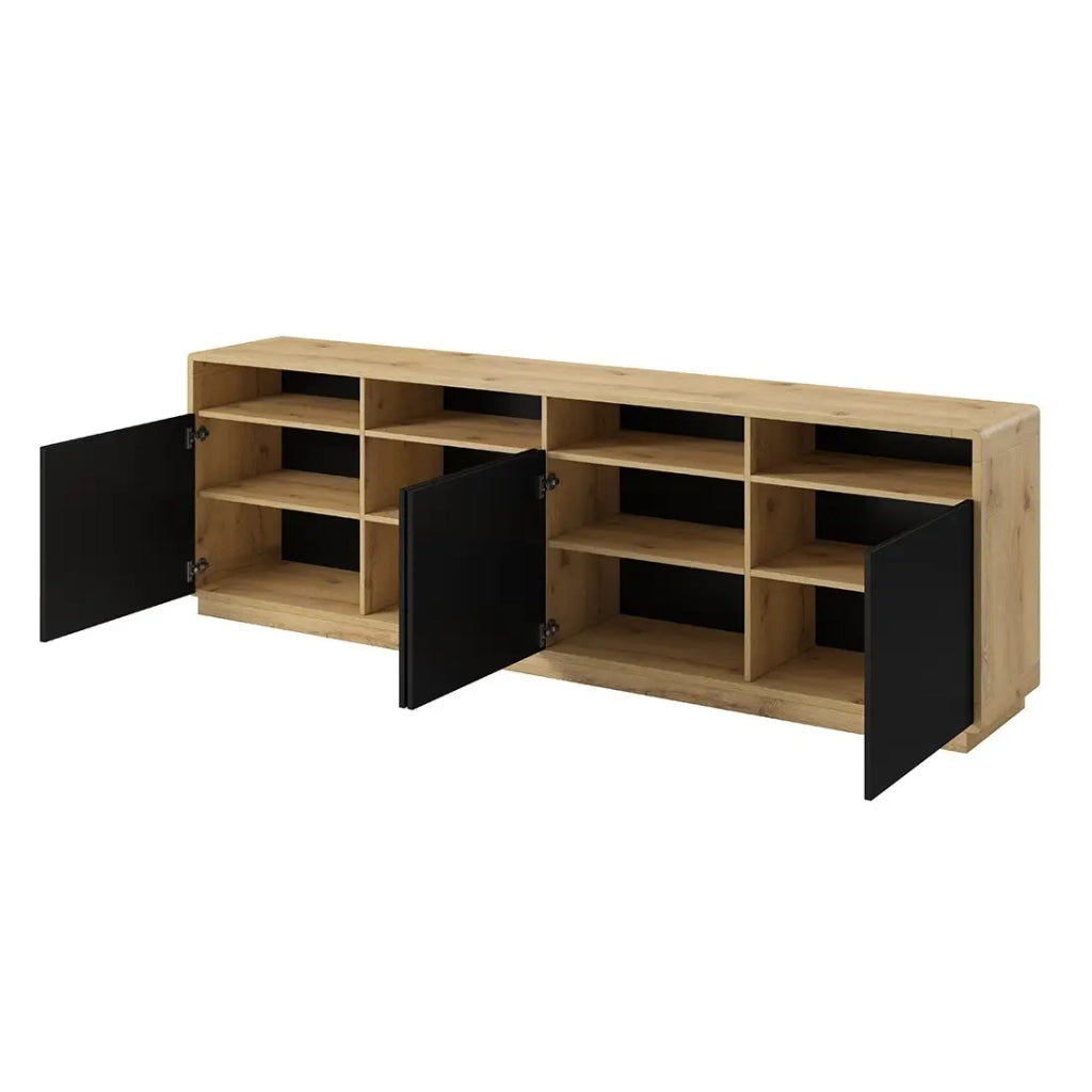 Buffet XL 240cm collezione VILLA. Colore rovere e nero. 4 porte e 4 nicchie illuminate.