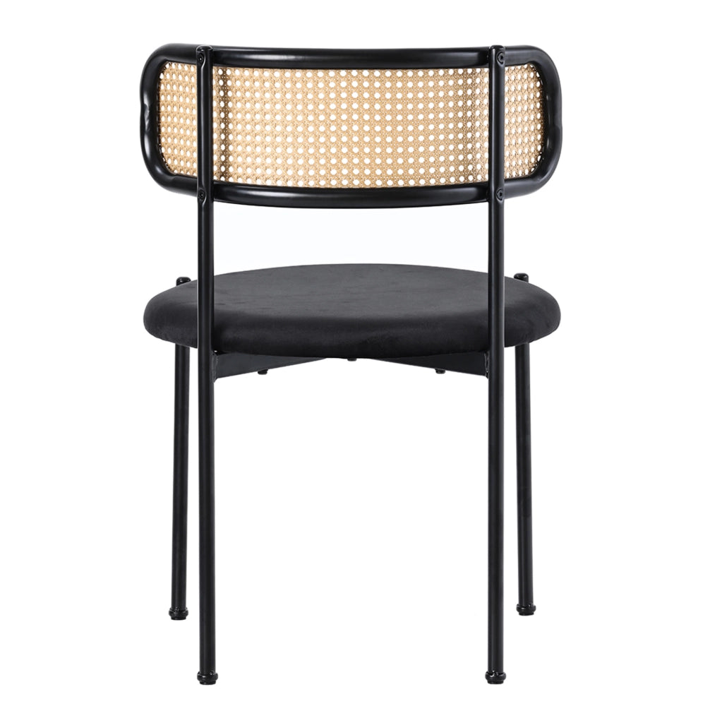 Set di 6 sedie da pranzo in velluto con schienale in rattan e gambe in metallo; nere