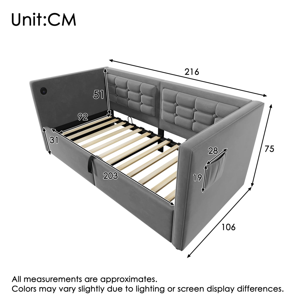 Divano letto con contenitore idraulico 90x200 cm in velluto grigio; con porta USB e Type-C