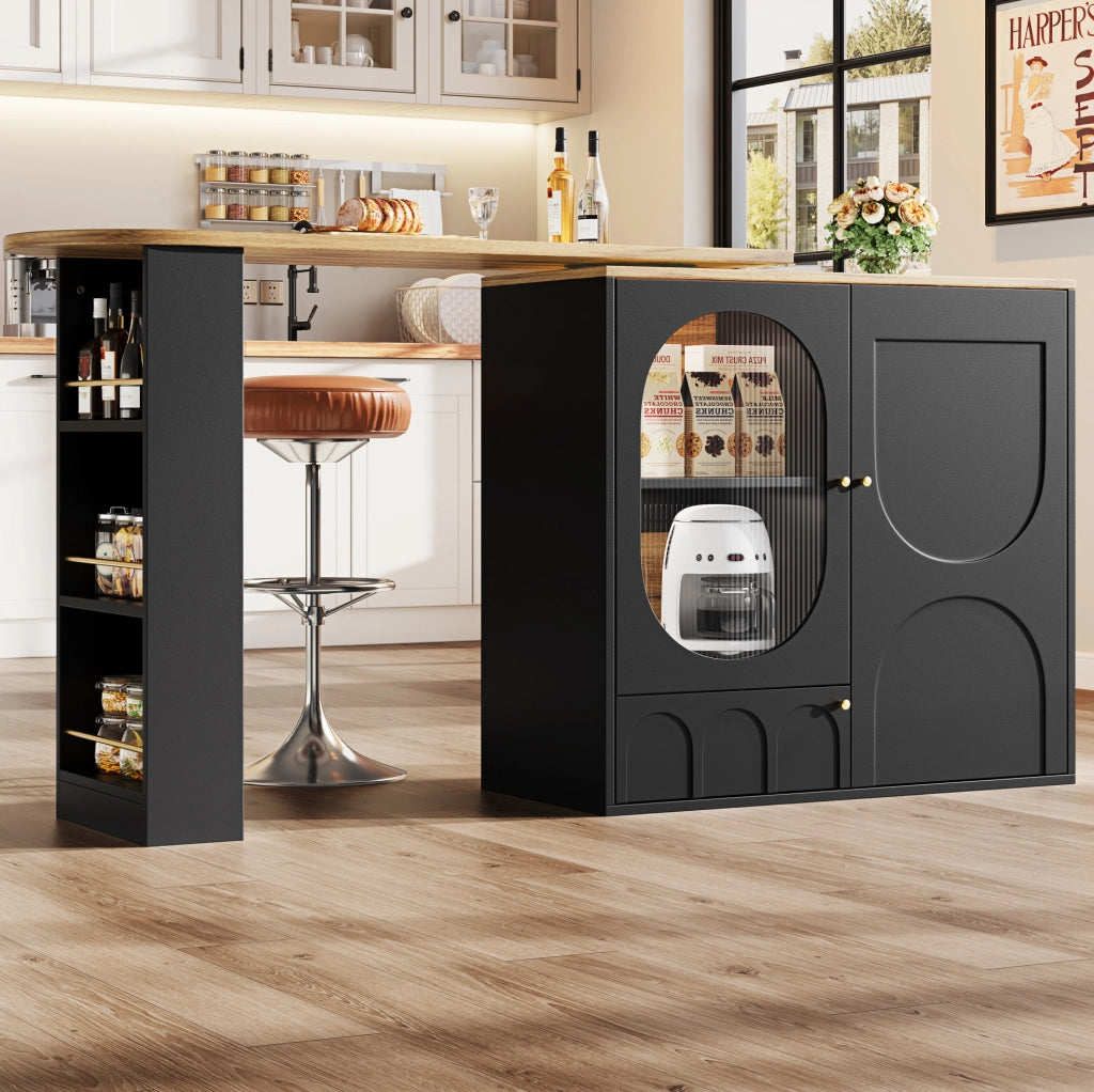 Mobile bar 138x39x105 cm girevole 360° con ampio spazio di contenimento in MDF e metallo nero