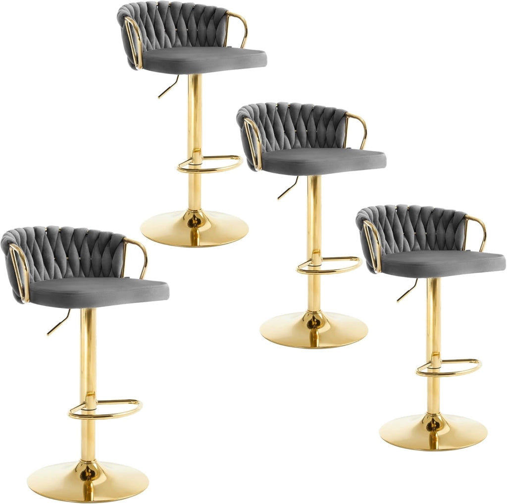 Set di 4 Sgabelli da Cucina Regolabili in Altezza, Sgabelli da Bar in Velluto, Sgabelli Girevoli a 360°, con Base in Metallo e Poggiapiedi, Grigio scuro, BH426dgr-4