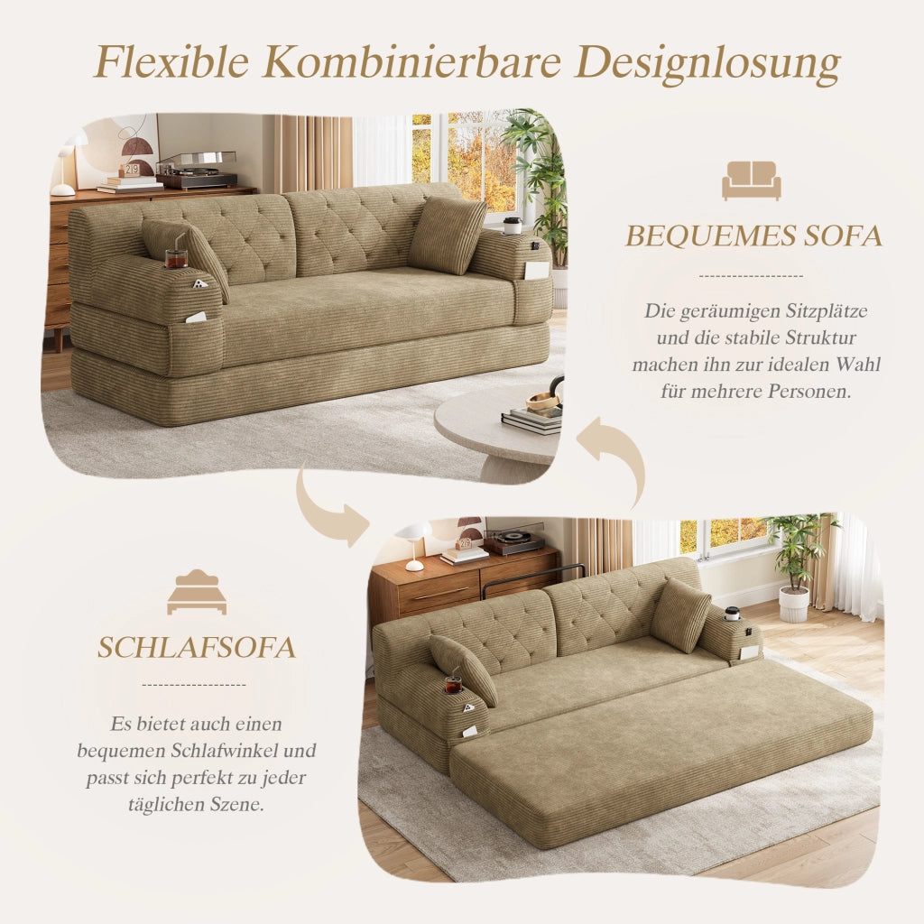 Divano letto compatto con schienale alto e 4 tasche laterali, portabicchieri, in tessuto corda cachi 208 × 80 × 81 cm