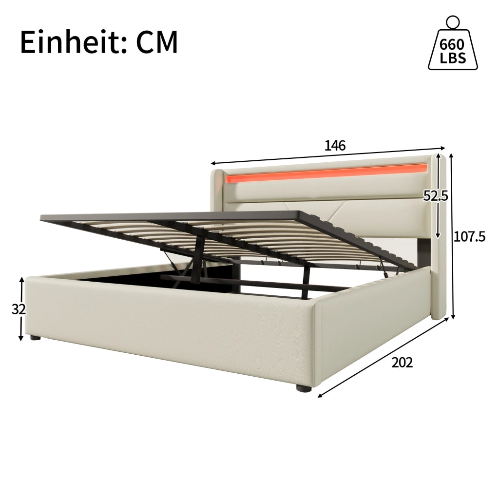 Letto contenitore imbottito 140x200 cm bianco con LED e materasso a molle H3