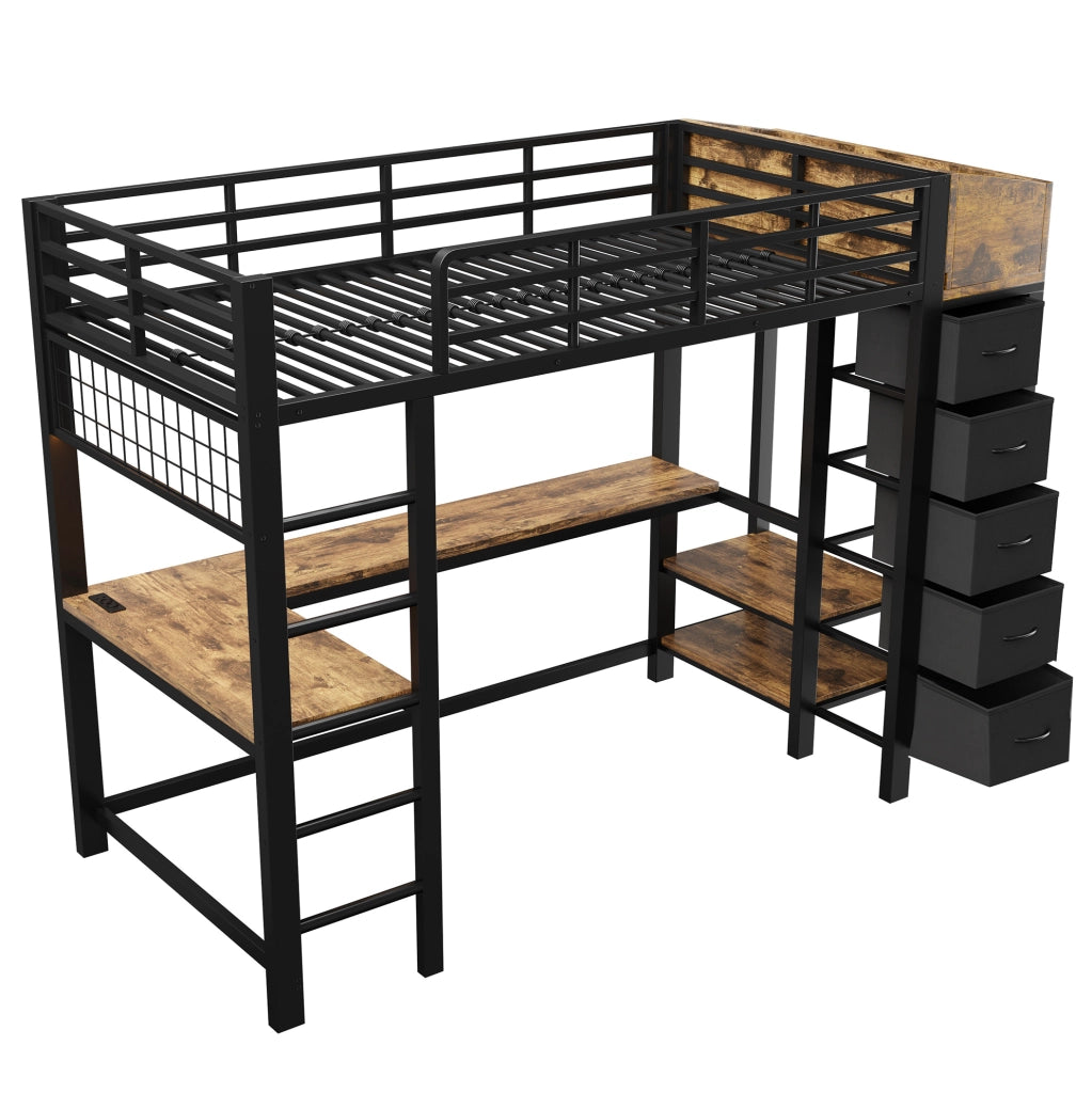 Letto a soppalco 90x200 cm con scrivania e contenimento in metallo nero