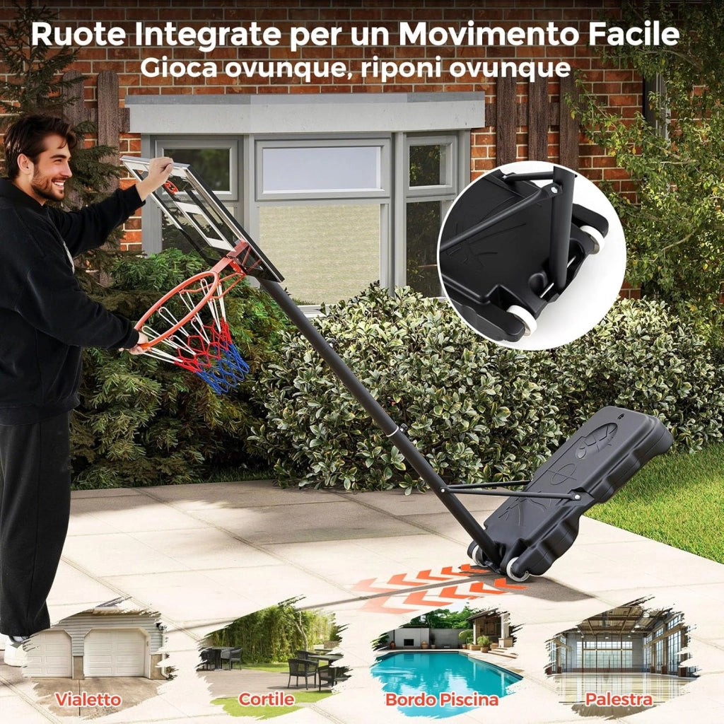 Canestro da Basket Esterno ed Interno Regolabile 100 cm-212 cm, Canestro da Basket per Bambini/Adolescenti Portatile con Tabellone in PC, Base Riempibile e Ruote