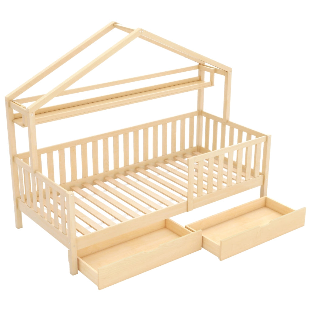 Letto a casetta per bambini 90x200 cm con cassetti, colore naturale, in legno di pino