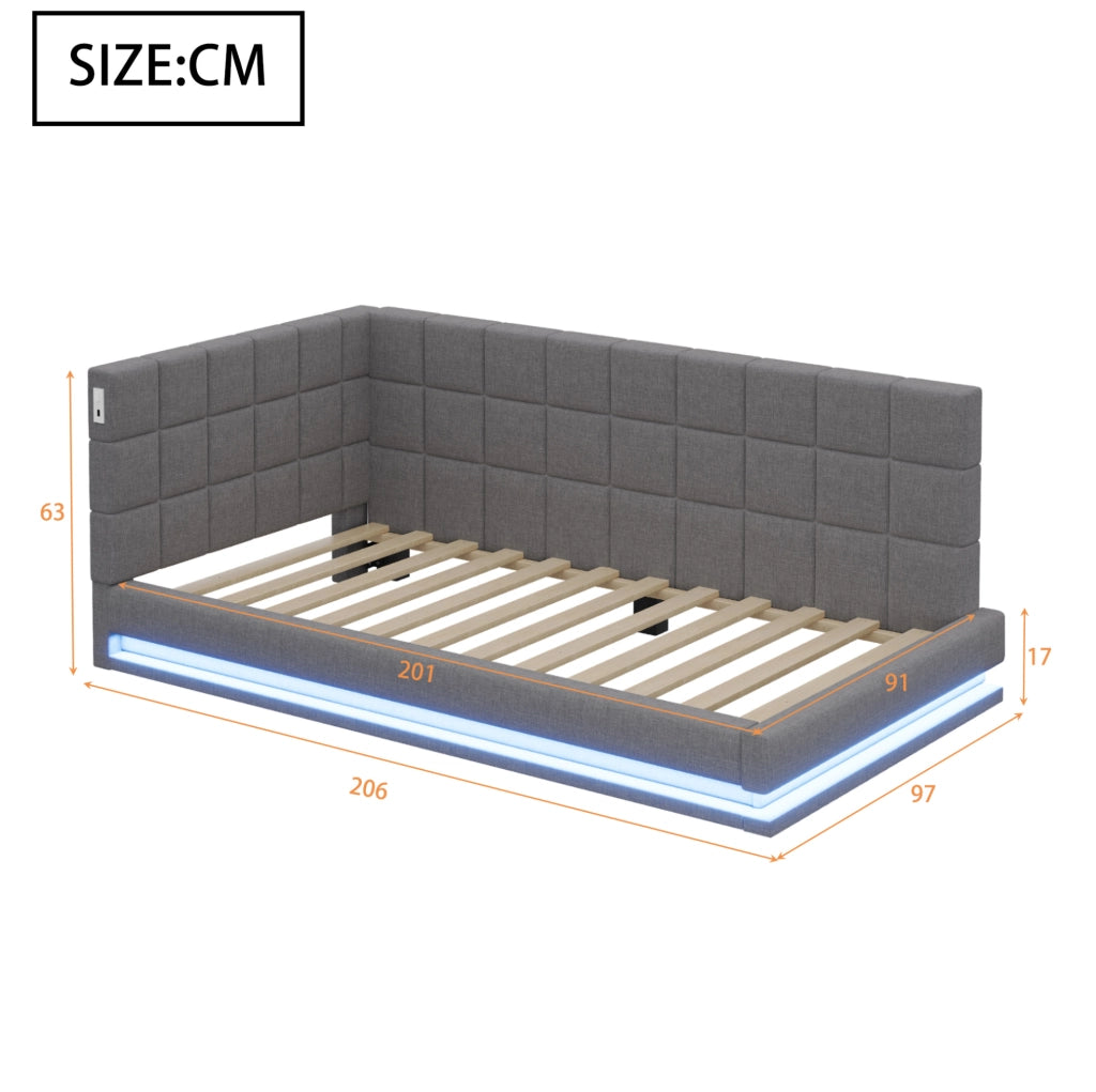 Divano letto imbottito 90x200 cm con LED; porta USB e rete a doghe; in lino grigio