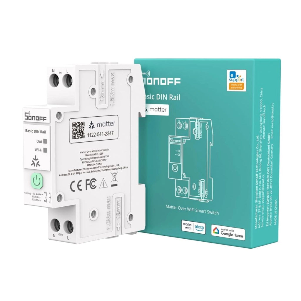 SONOFF Basic DIN Rail (BASIC-1GSP) WiFi Smart Switch Top Hat Rail, Matter Over WiFi Smart Home Control, 32A for Fuse Box, Compatible with Alexa Google Home Home Assistant