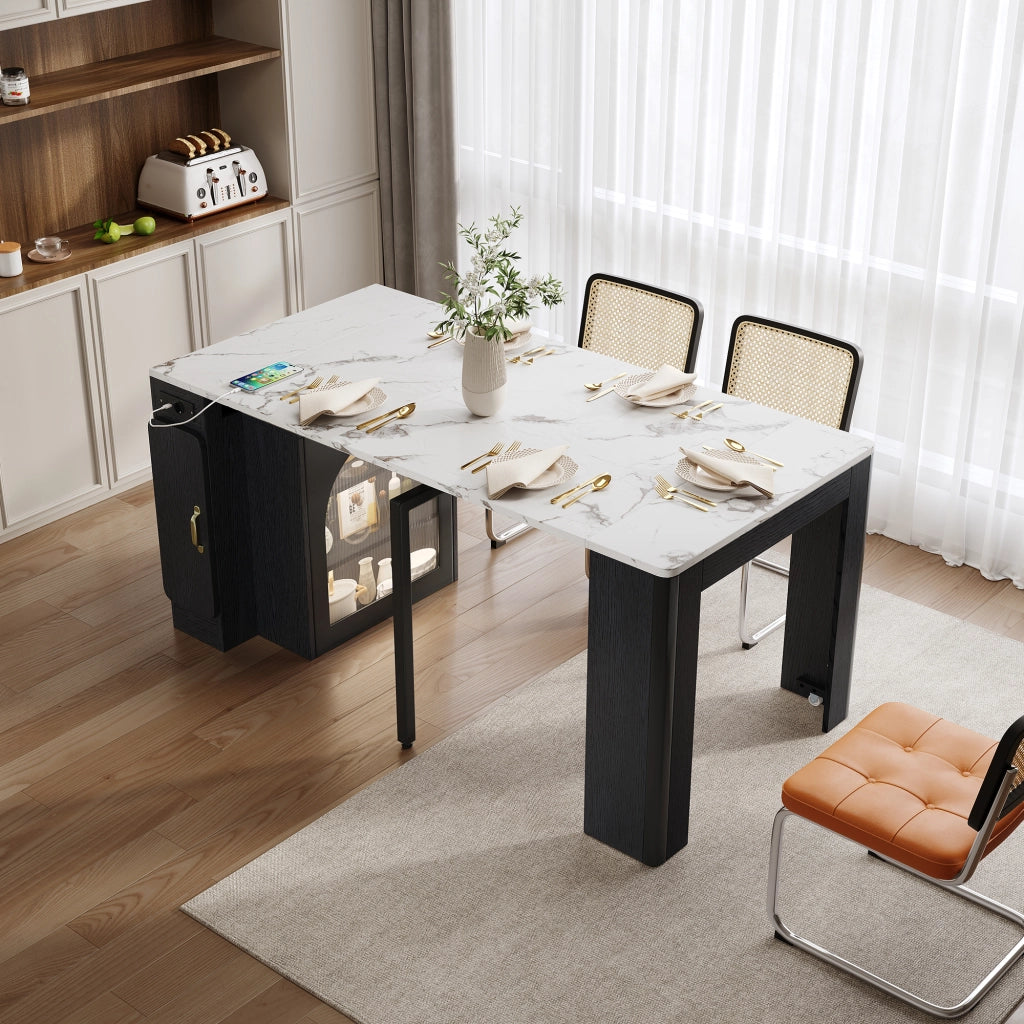 Tavolo da pranzo - isola cucina su ruote - piano estraibile e rimovibile - con prese - nero - per cucina e sala