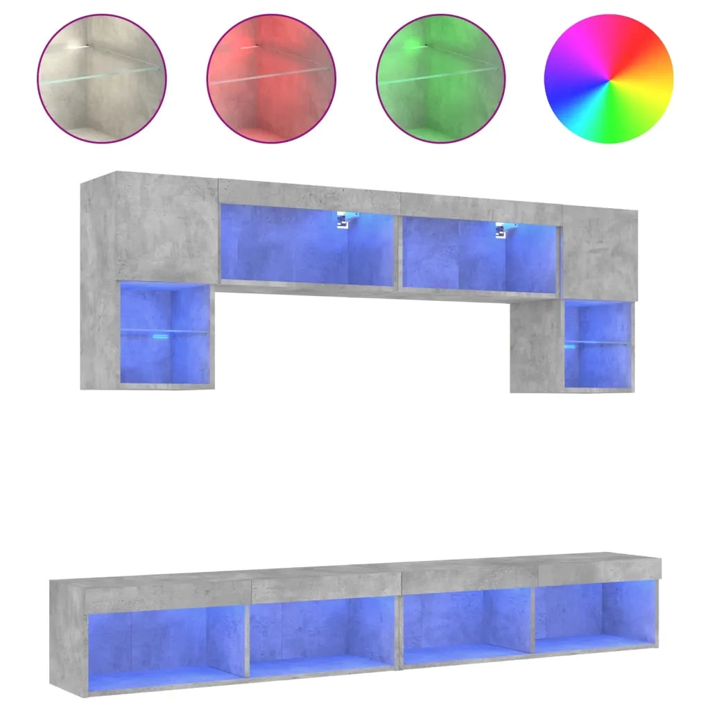 Mobili TV a Muro con LED 6pz Grigio Cemento Legno Multistrato