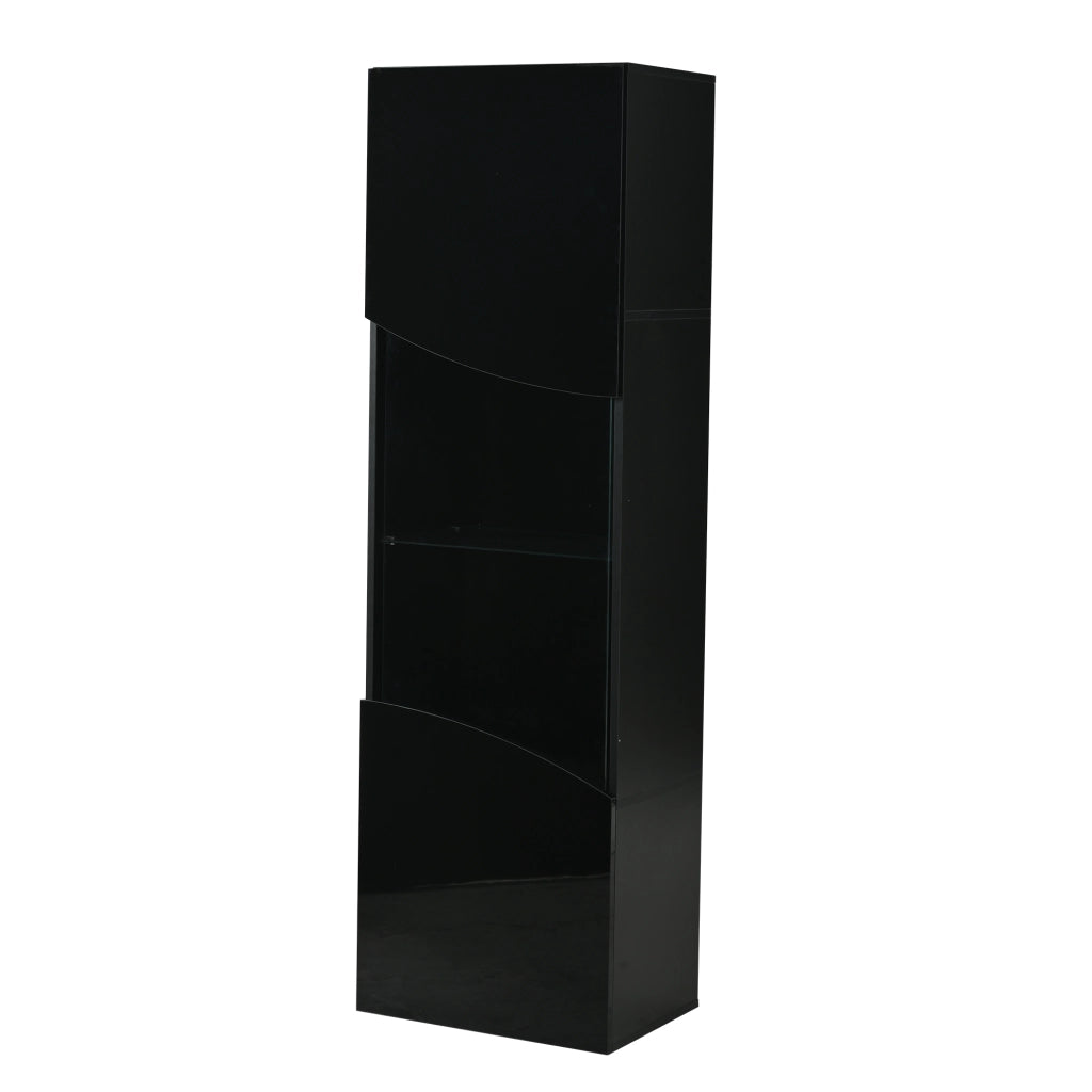 Vetrina alta con 4 ripiani e LED per soggiorno, design stretto, in vetro temperato, nero lucido, 35 × 50 × 165 cm