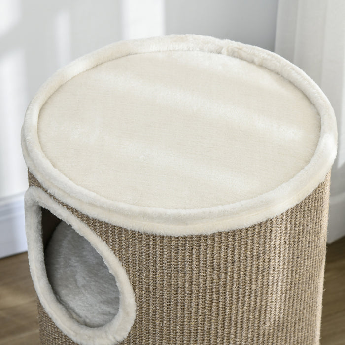 Cuccia per Gatti a 3 Livelli Ø38x70cm con Tiragraffi in Sisal e Peluche Marrone