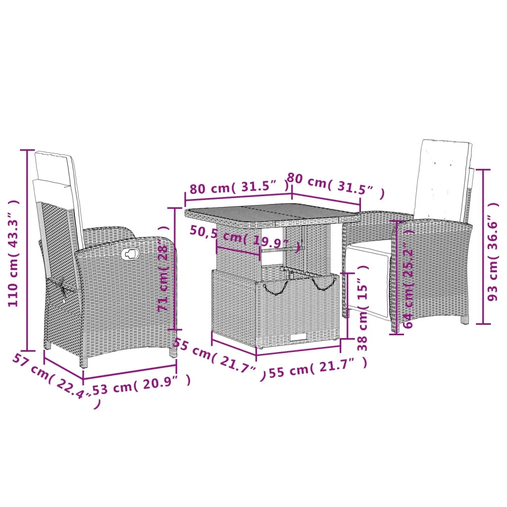 Set da Pranzo da Giardino 3 pz con Cuscini Nero in Polyrattan 3277315