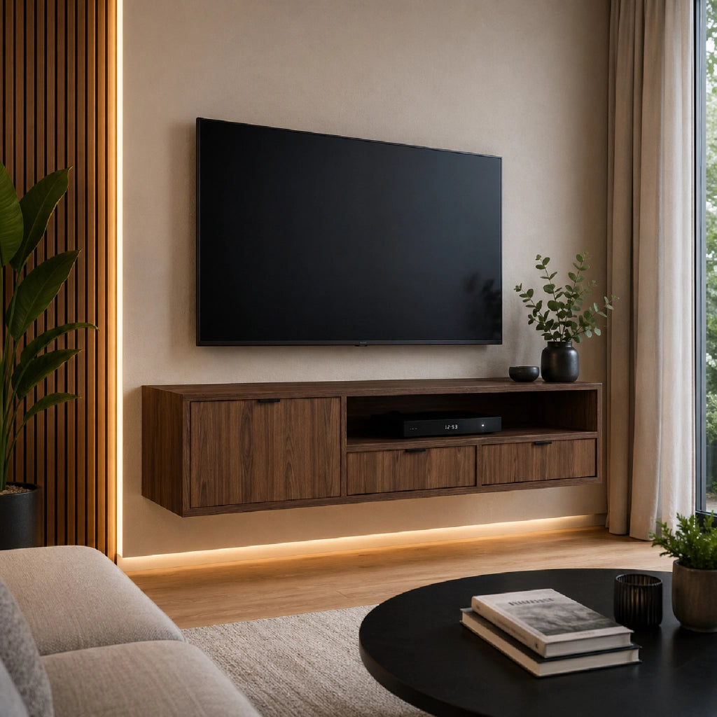 Mobile TV Sospeso Moderno Per Soggiorno Con 1 Anta A Ribalta 2 Cassetti Vano A Giorno Con Passacavo Struttura In Melaminico Design Contemporaneo 150 X 35 X 40 Cm Noce