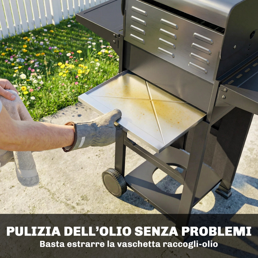 Barbecue a Gas Propano 95x53x111,5 cm con 2 Bruciatori Ripiani e Coperchio con Termometro in Acciaio Nero