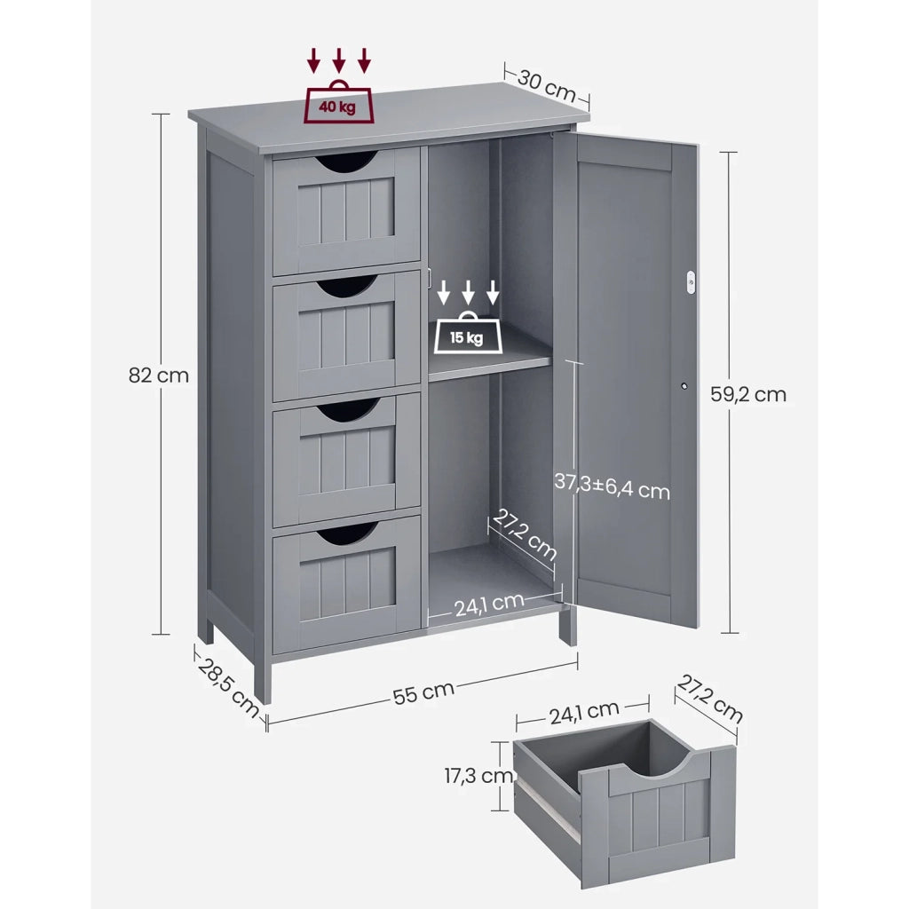 Mobiletto da bagno indipendente mobile contenitore con 4 cassetti anta singola ripiano regolabile per soggiorno cucina e corridoio grigio 12_0006499