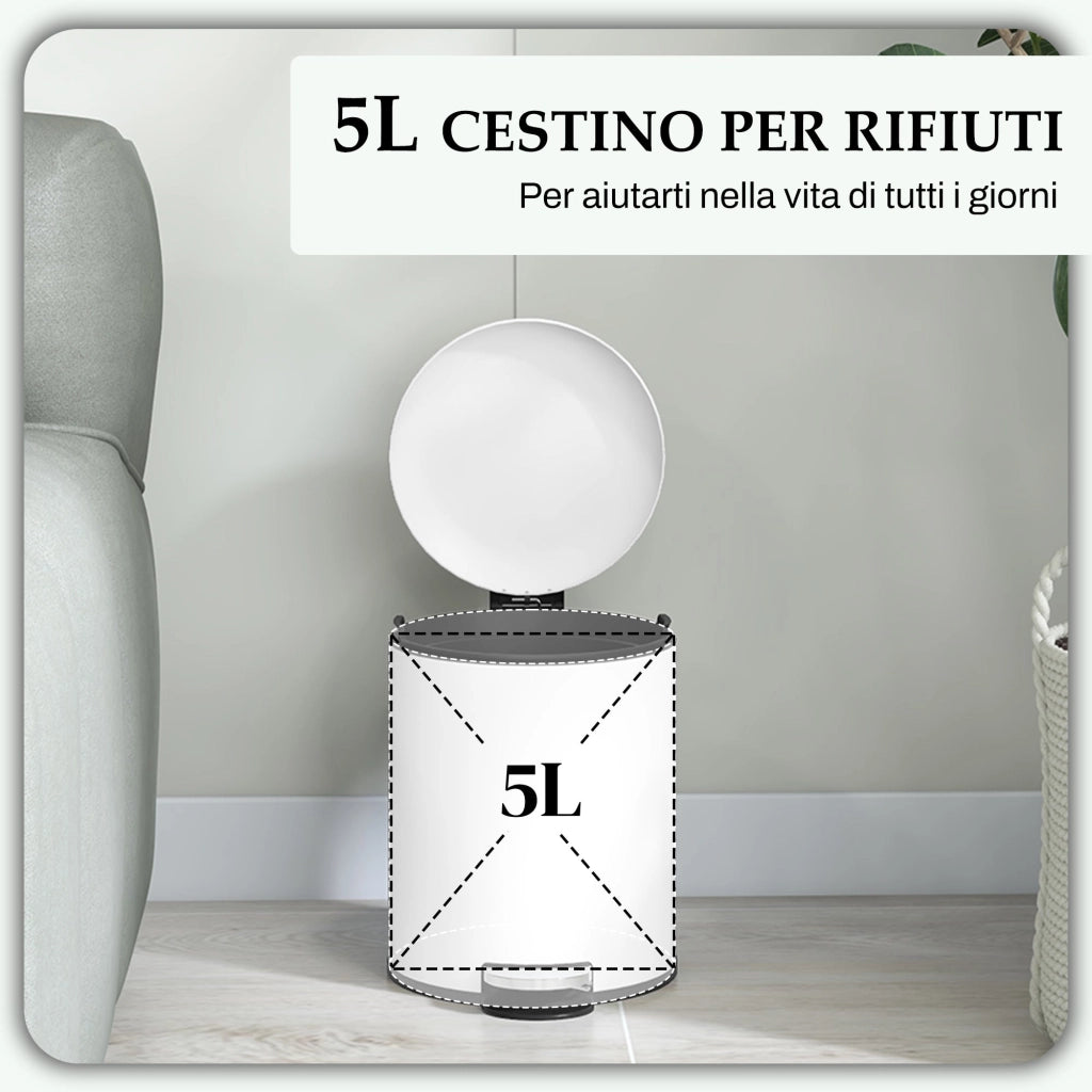 Pattumiera a Pedale 5 Litri 26,5x21x28 cm con Coperchio Frizionato in Metallo e PP Crema