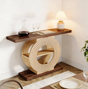 Tavolo consolle in legno marrone stile rustico con ripiani e base rotonda