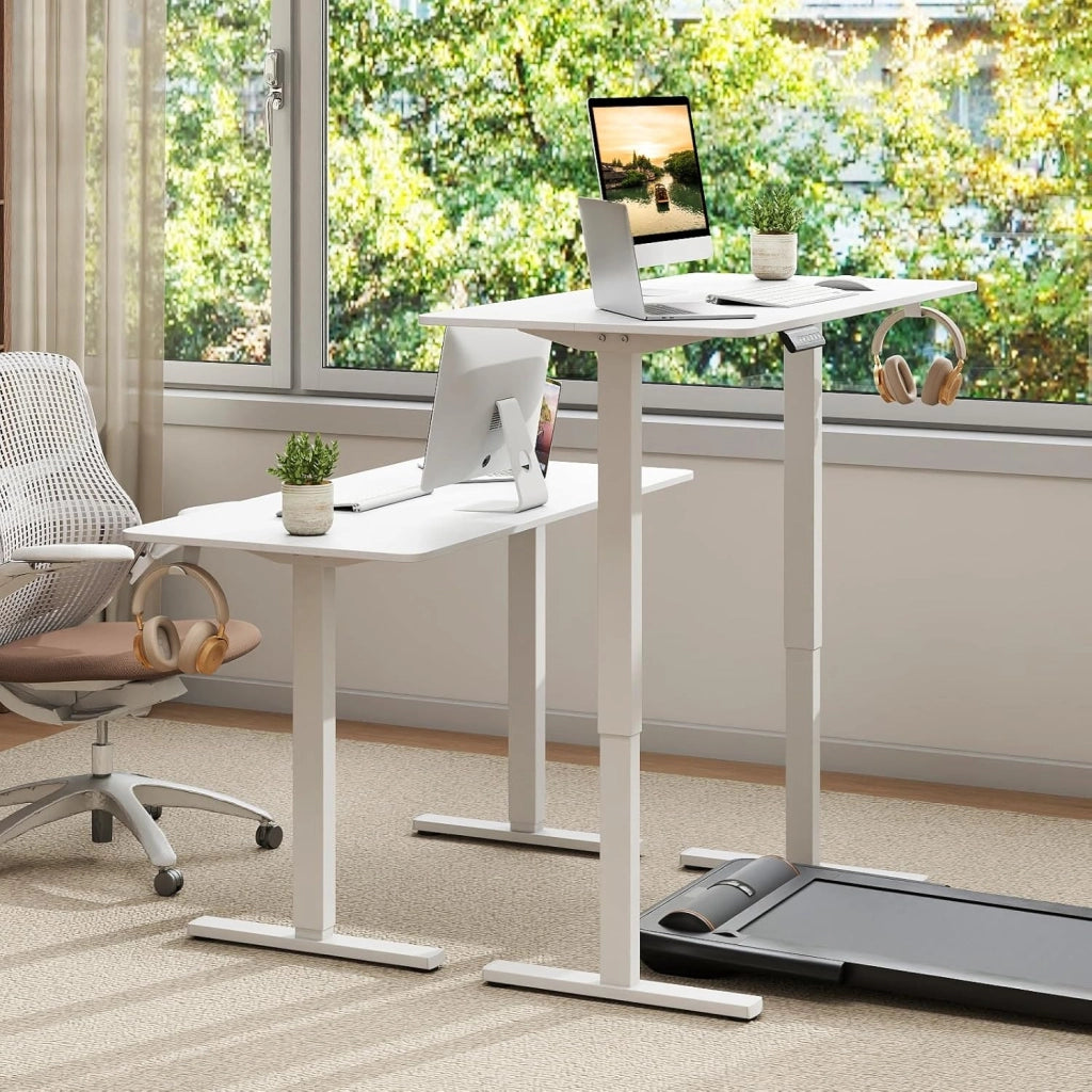 Scrivania Elettrica Ergonomica 120 x 60 cm, 3 Memorie di Altezza, Protezione Anti-Collisione e Gancio per Cuffie, Scrivania Regolabile in Altezza per Ufficio e Casa (Bianco)
