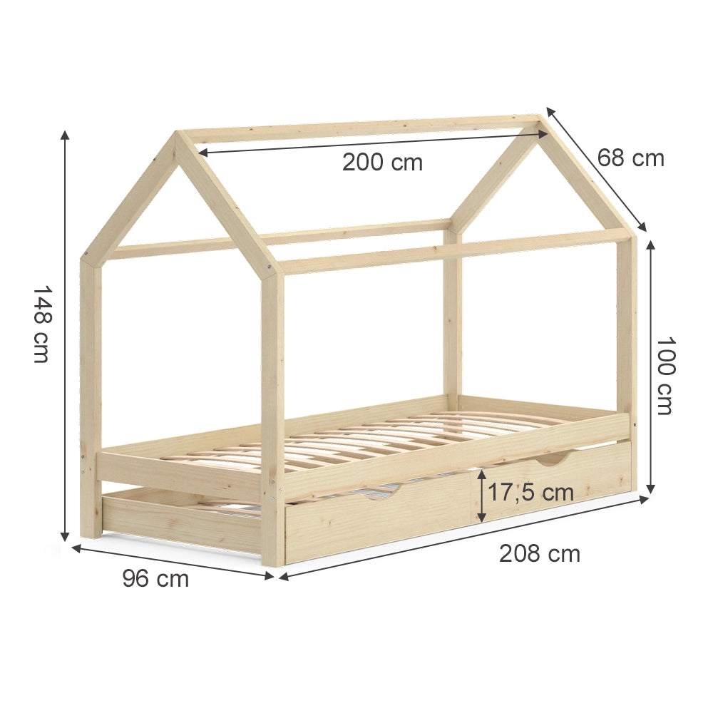 Vitalispa Letto montessori bambini Legno naturale 90x200 cm con letto per ospiti e 2 materassi
