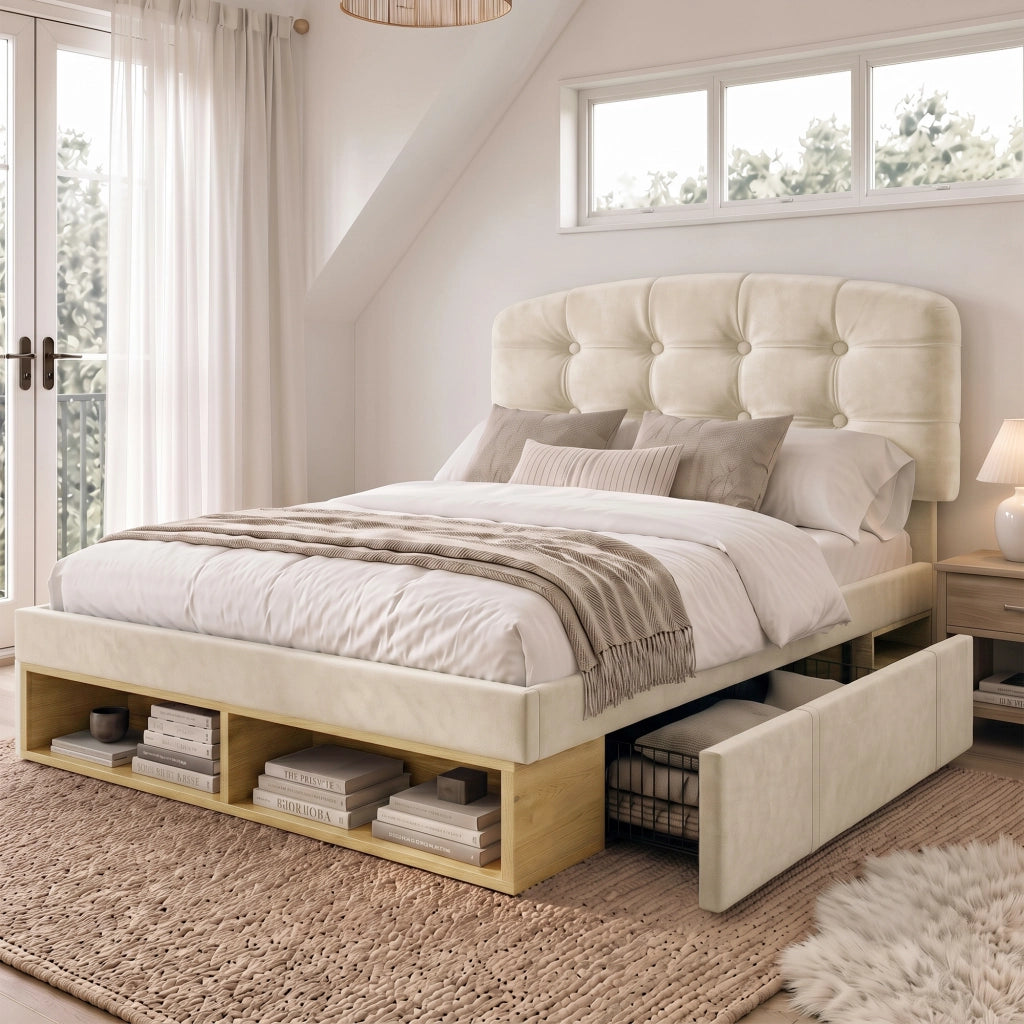 Letto singolo imbottito – 90x200 cm – cassetti contenitore testiera regolabile – velluto beige