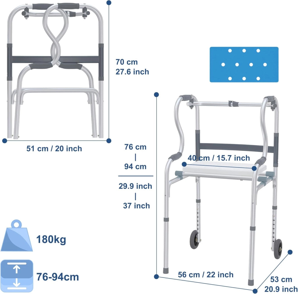 Deambulatore per anziani, regolabile in altezza, pieghevole, con manici, 2 ruote e sedile doccia 3 in 1, supporto per adulti e disabili, portata fino a 180 kg