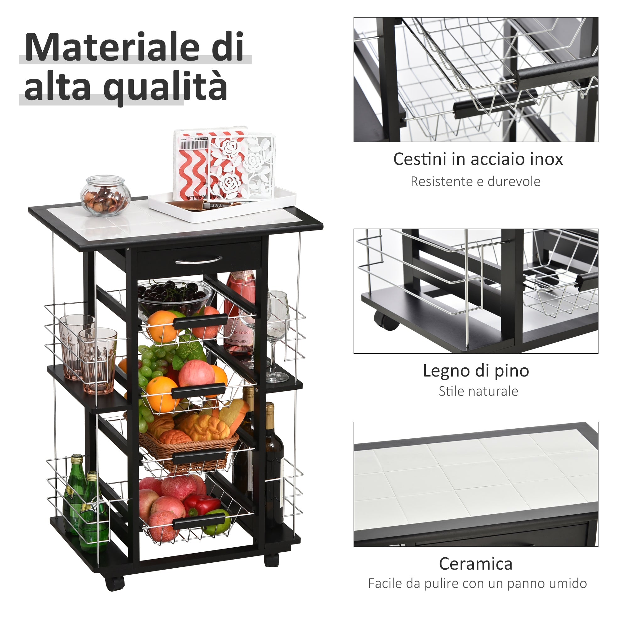 Carrello da Cucina con 4 Cestini e 4 Scomprati in Legno di Pino 57x37x83 cm  Nero