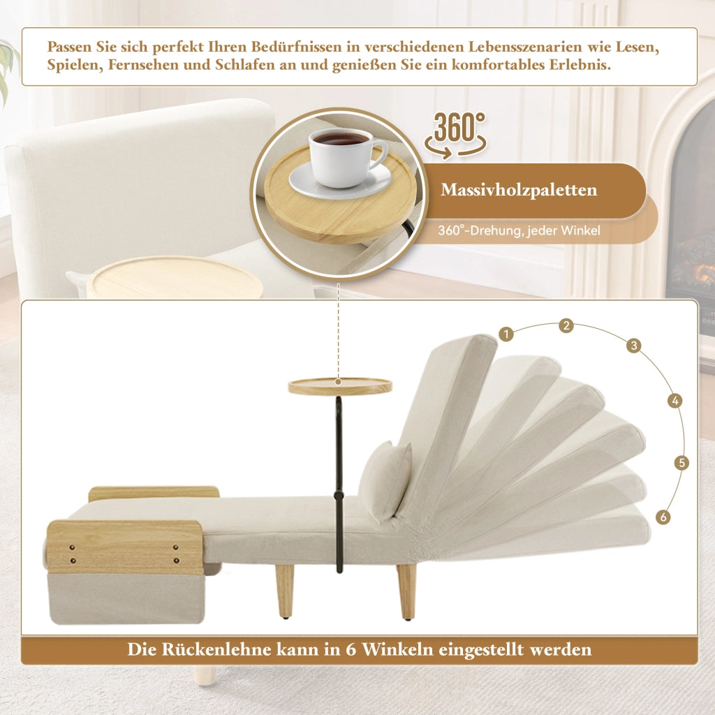 SESSEL 3-in-1 88x74,5x66 cm in lino beige con vassoio in legno