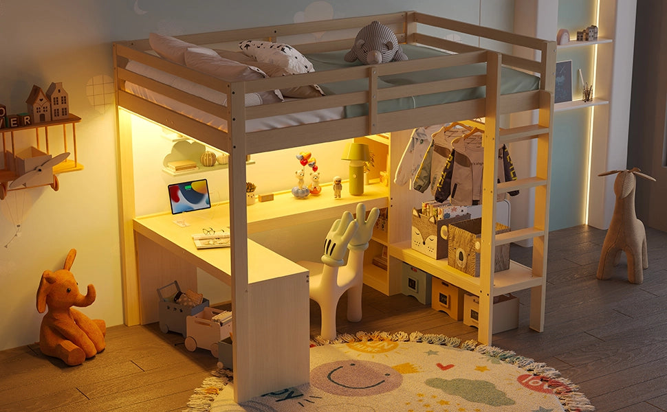 Letto a soppalco con scaffali, scrivania, LED e USB, 140x200 cm, naturale