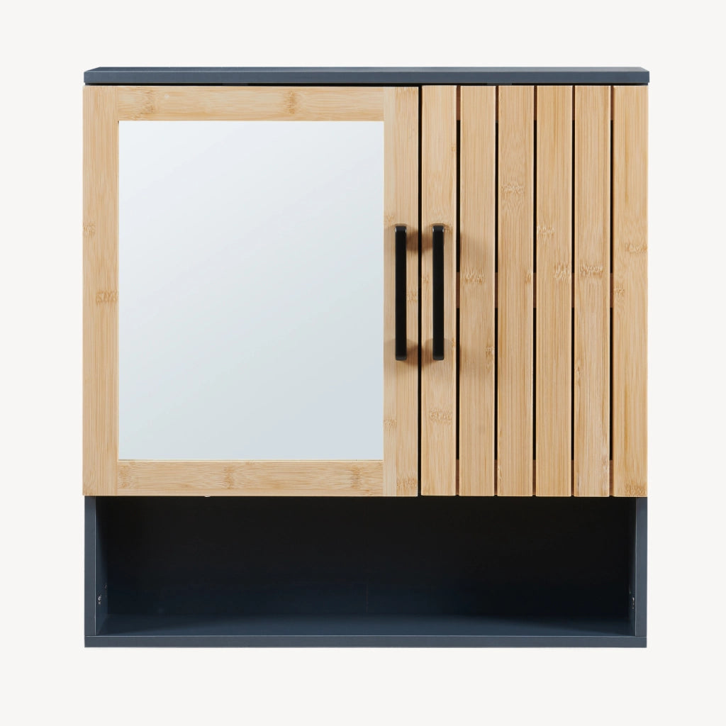 Mobiletto da Parete Svanes a Specchio Armadietto Pensile da Bagno con Ante in Bambù 58 x 56 x 13 cm - Grigio Scuro/Naturale [en.casa]