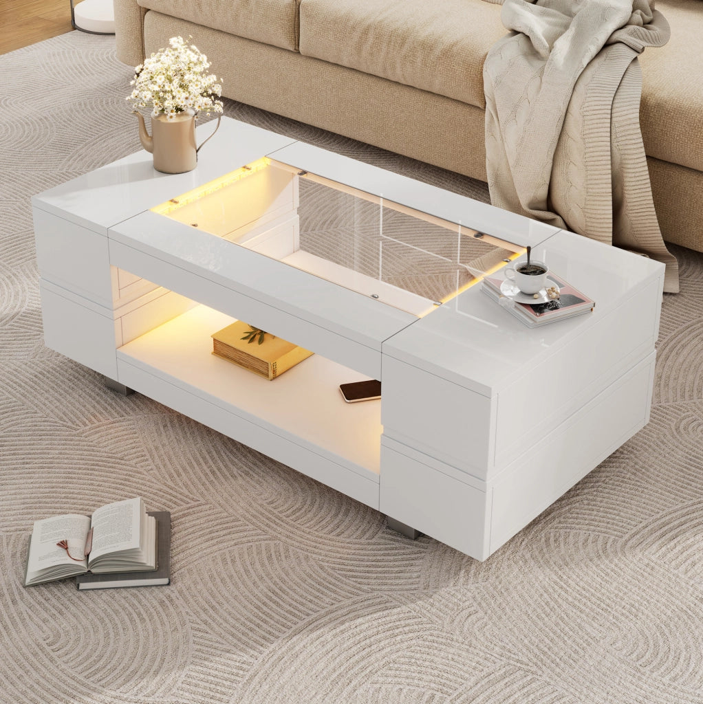 Tavolino da caffè LED bianco 100x50x35 cm con app