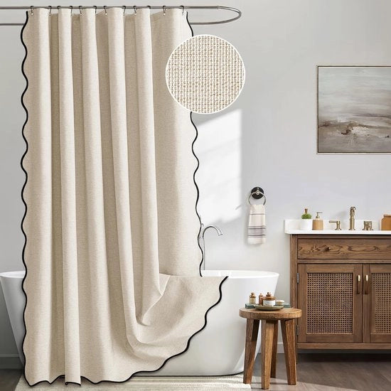 Douchegordijn Beige - Waaier Kant Design con Tessuto di Lino - Lavabile Imbottito e Idrorepellente con Bordo Nero - Adatto per la Stanza d'Acqua e la Doccia - Dimensioni 200x200 cm