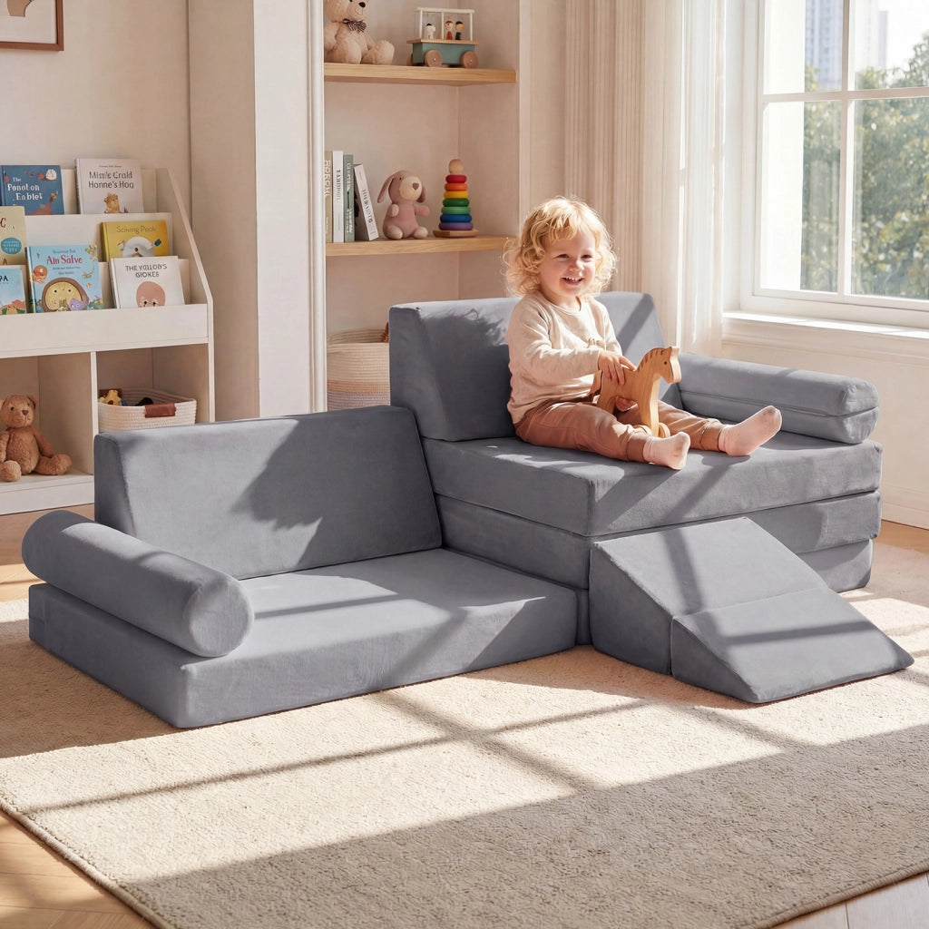 Divano componibile per bambini con rivestimento in velluto cristallo, Divanetto modurale sottovuoto a 10 pezzi Grigio