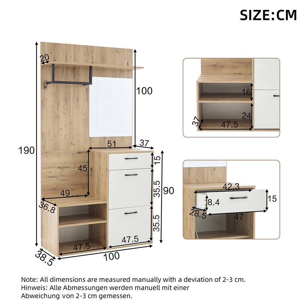 Vestiaire con specchio e panchina - Xylo - 100x38,5x190 cm - Bianco e legno naturale - Compatto, con cassetto e 2 armadi, ampio spazio