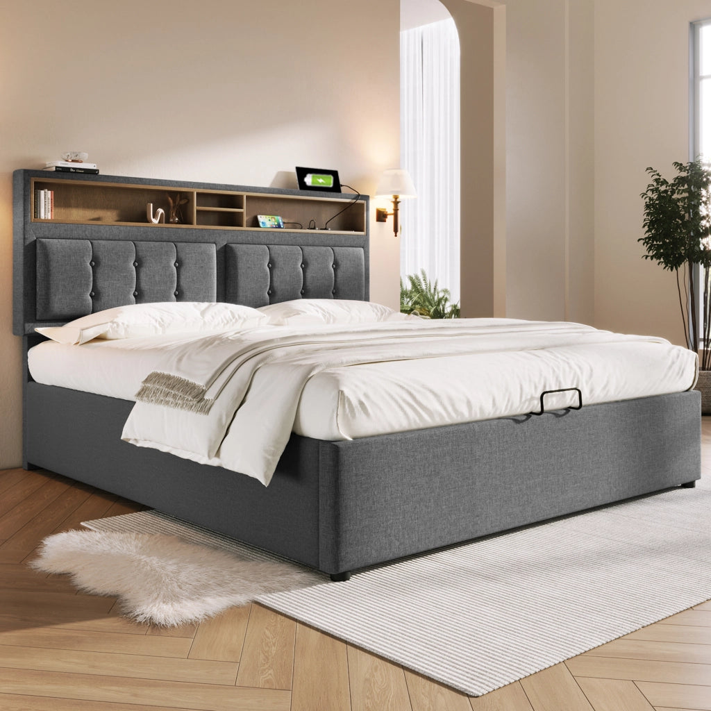 OKWISH Letto Contenitore 160×200 cm, Letto Matrimoniale con Prese, USB, Type-C e Testiera Regolabile, senza Materasso, in Lino - Grigio
