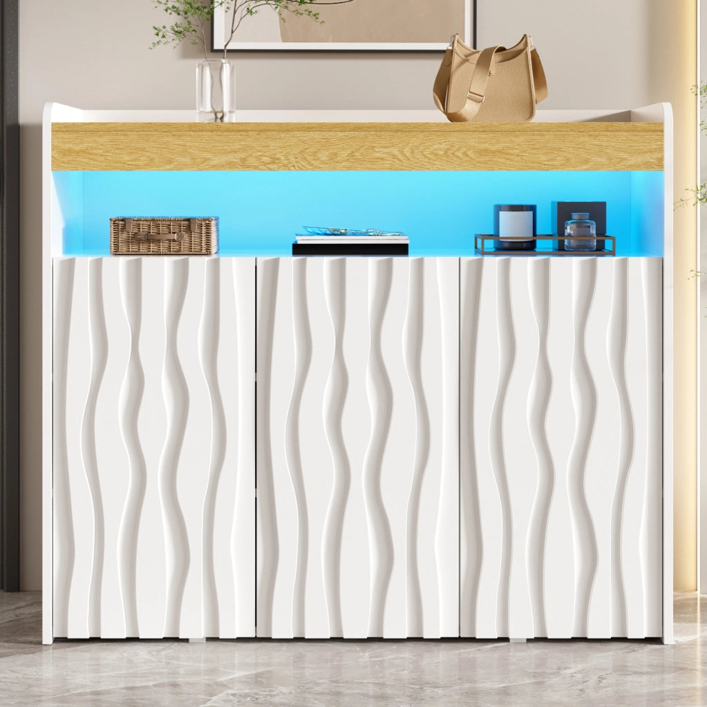 Credenza moderna a 3 ante con illuminazione integrata, ripiani regolabili e vano a giorno