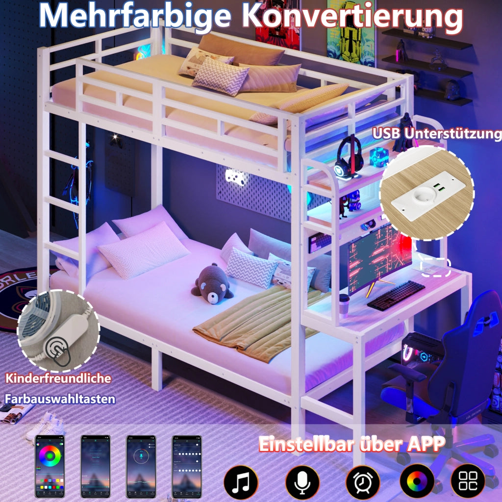 Letto a castello 90 × 200 cm con scrivania, ripiani, LED, USB, barriere di sicurezza, senza materasso, bianco