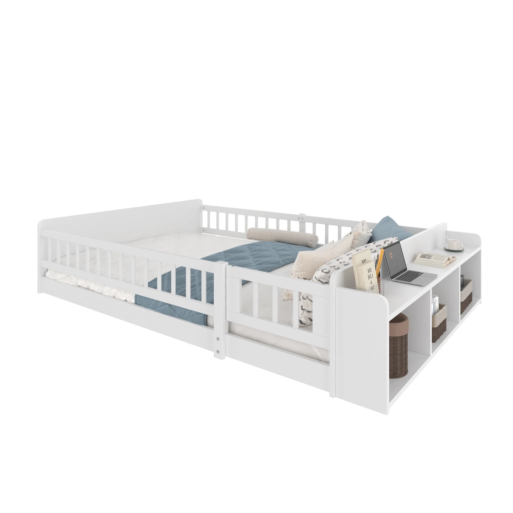 Letto per Bambini 140x190 cm con Contenitore; Mensole e Cancello - Bianco in Legno e MDF
